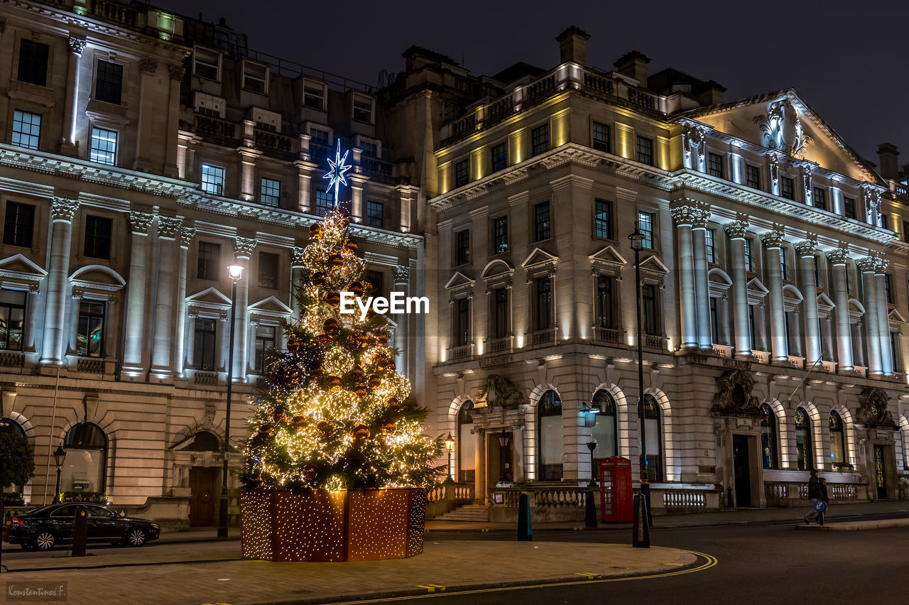 ILLUMINATED CHRISTMAS TREE BY BUILDINGS AT NIGHT