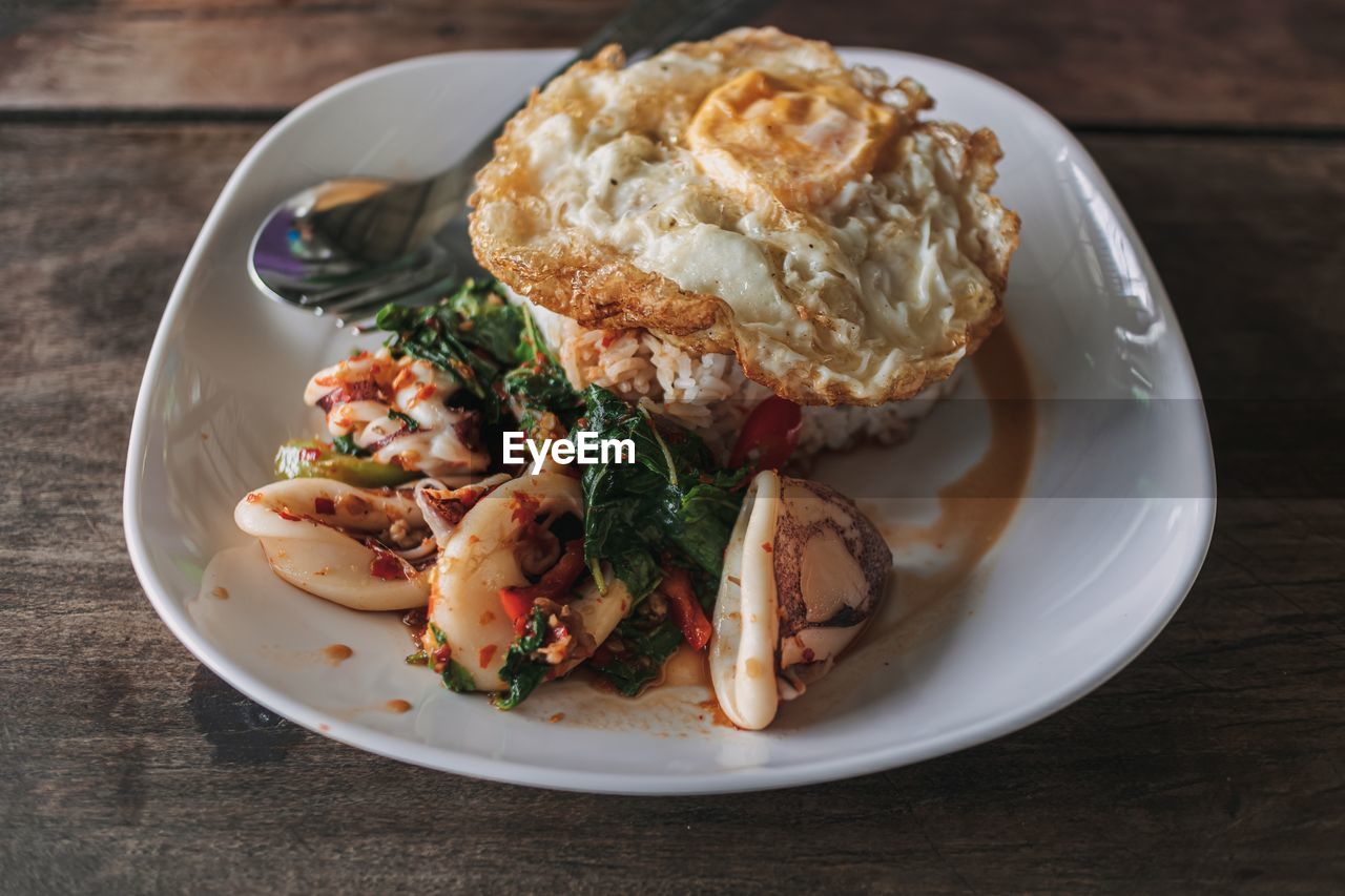 high angle view of food served in plate on table