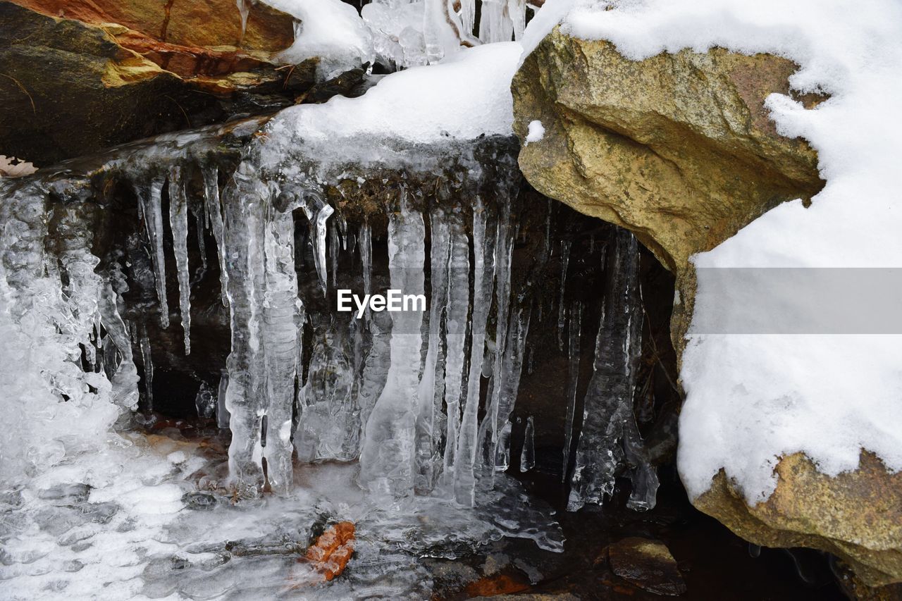 CLOSE-UP OF ICE ON LANDSCAPE AGAINST SKY