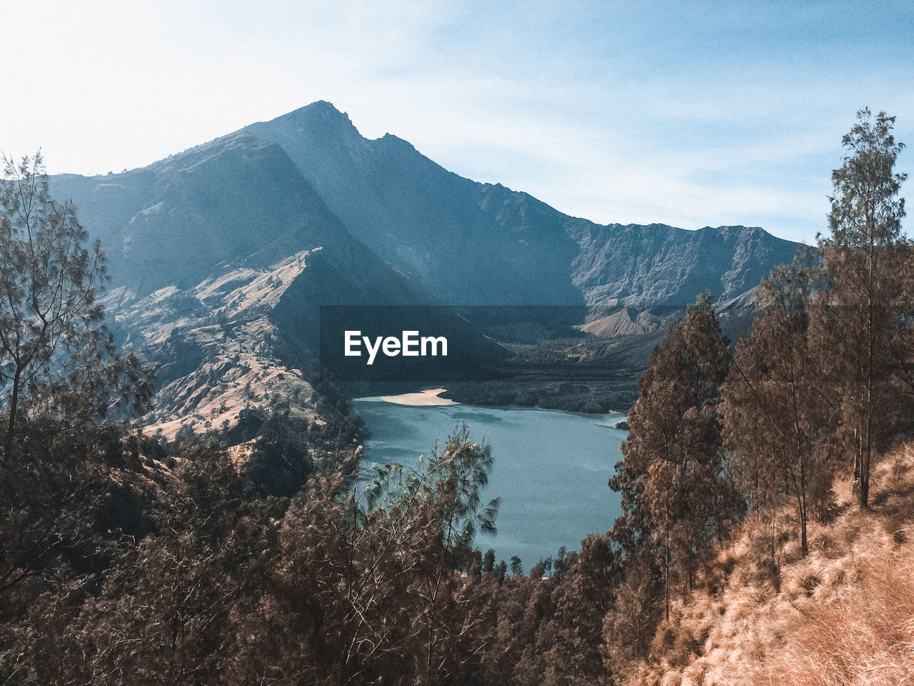 Scenic view of lake and mountains against sky