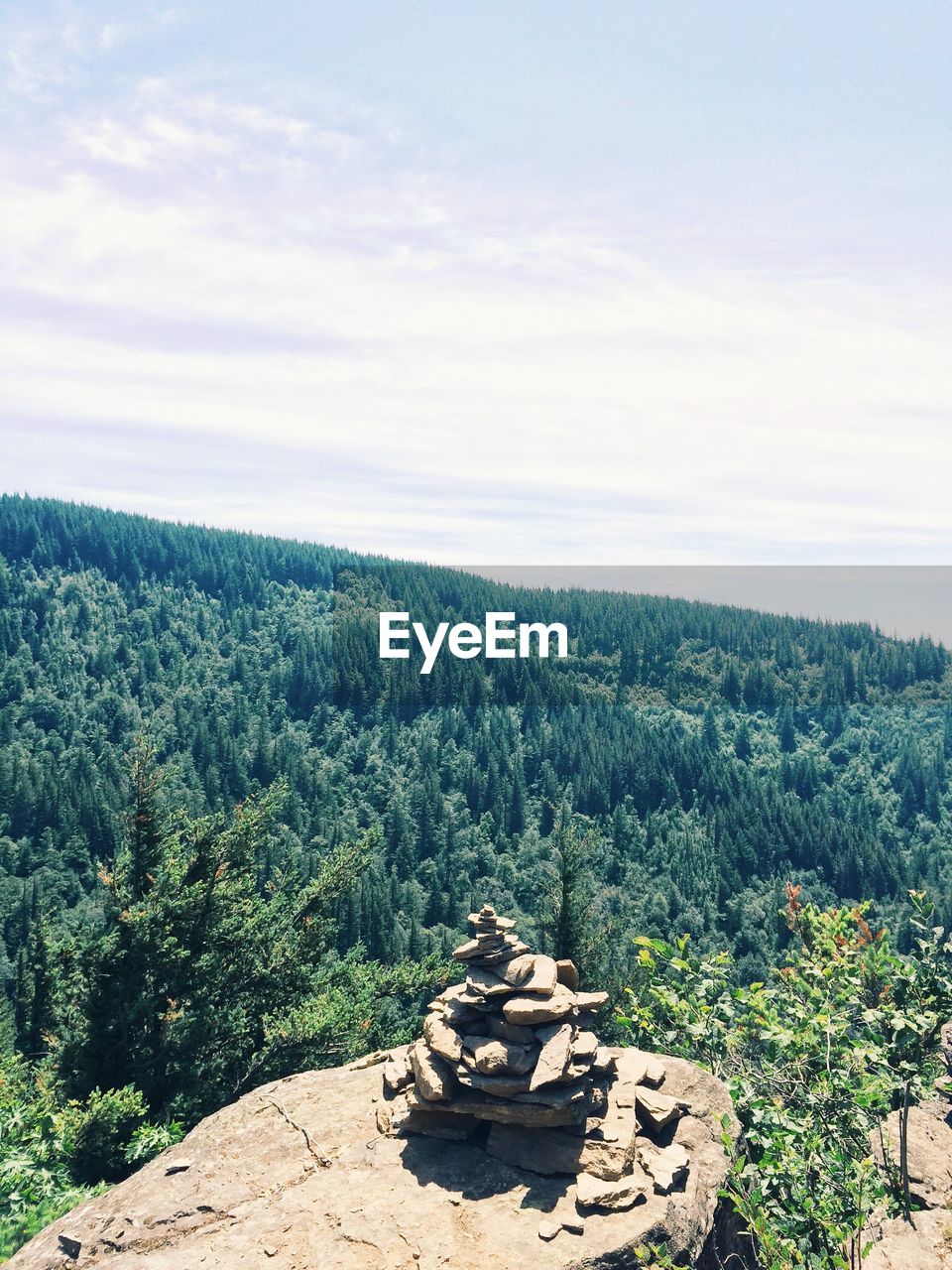 High angle view of stack of stones on hill with forest in background