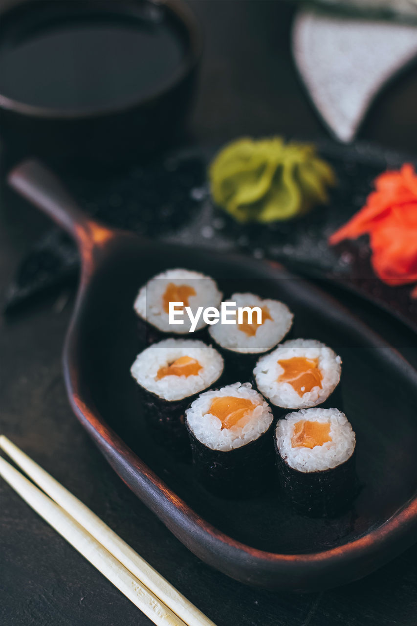 High angle view of sushi in plate