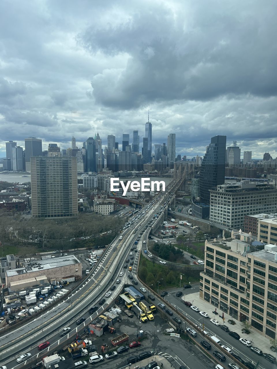 High angle view of new york city skyline against sky from downtown brooklyn. 