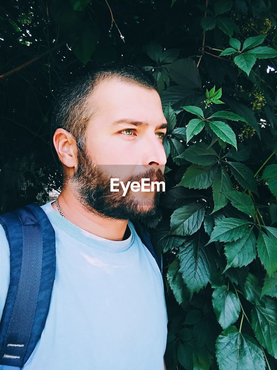 Man looking away by plants