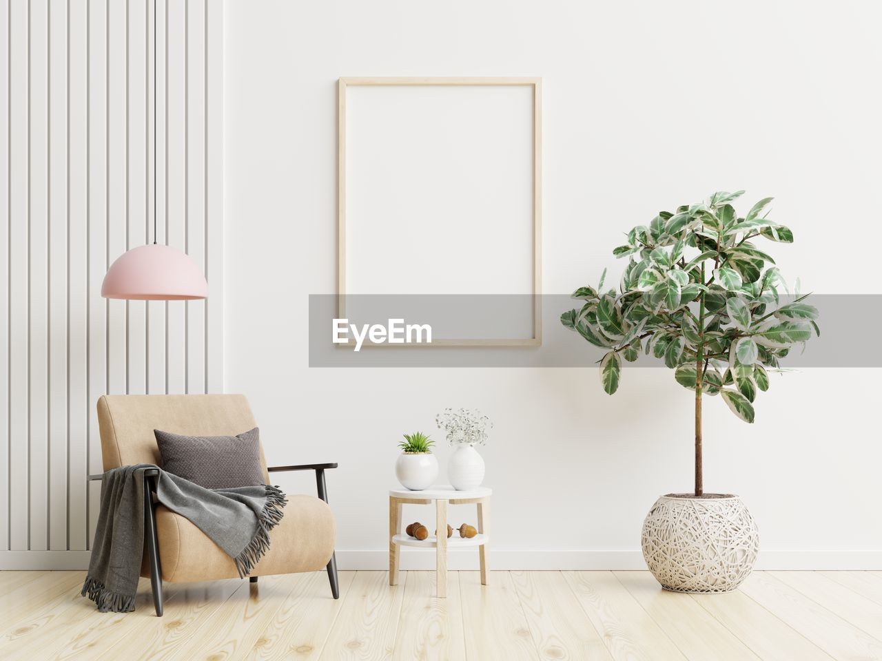 Poster mockup with vertical frames on empty white wall in living room interior.3d rendering