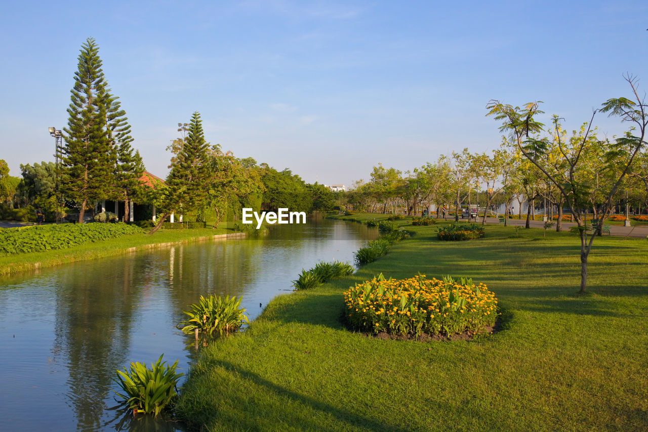 Scenic view of park by lake against sky