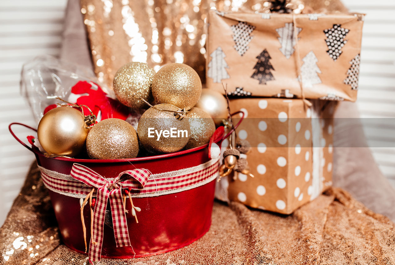 Close-up of christmas decoration in bucket