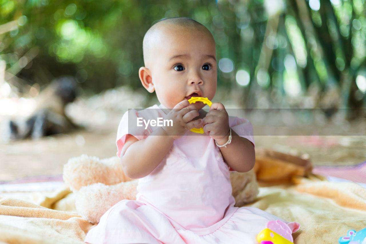 Cute girl holding toy while sitting on land