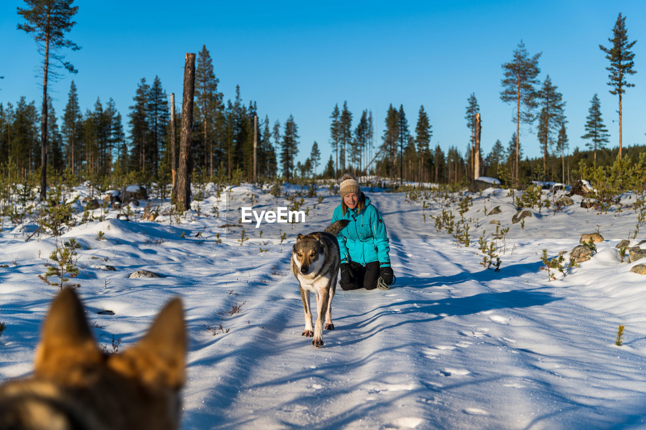 Full length of woman with wolf on snow covered land