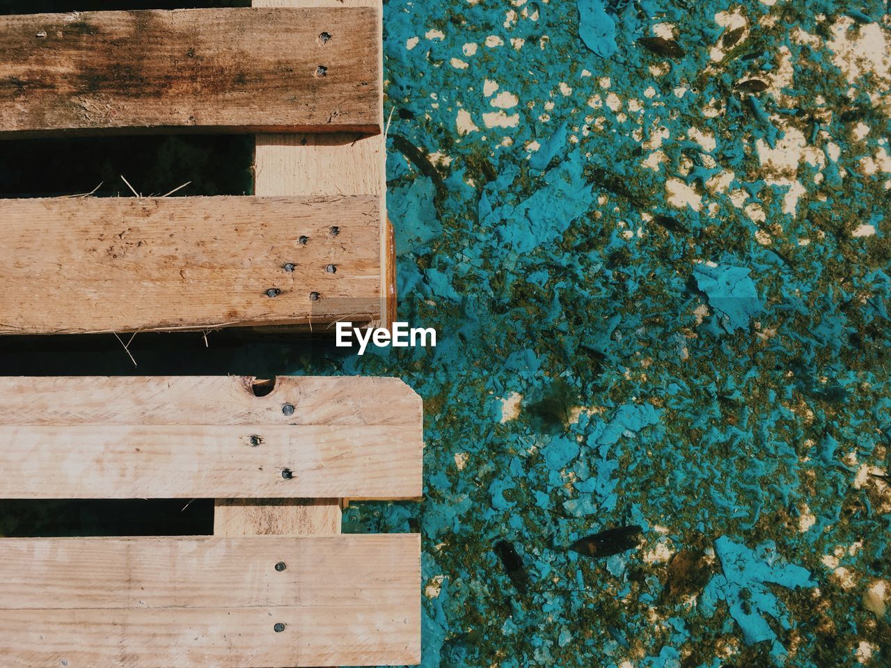 High angle view of wooden plank by pond