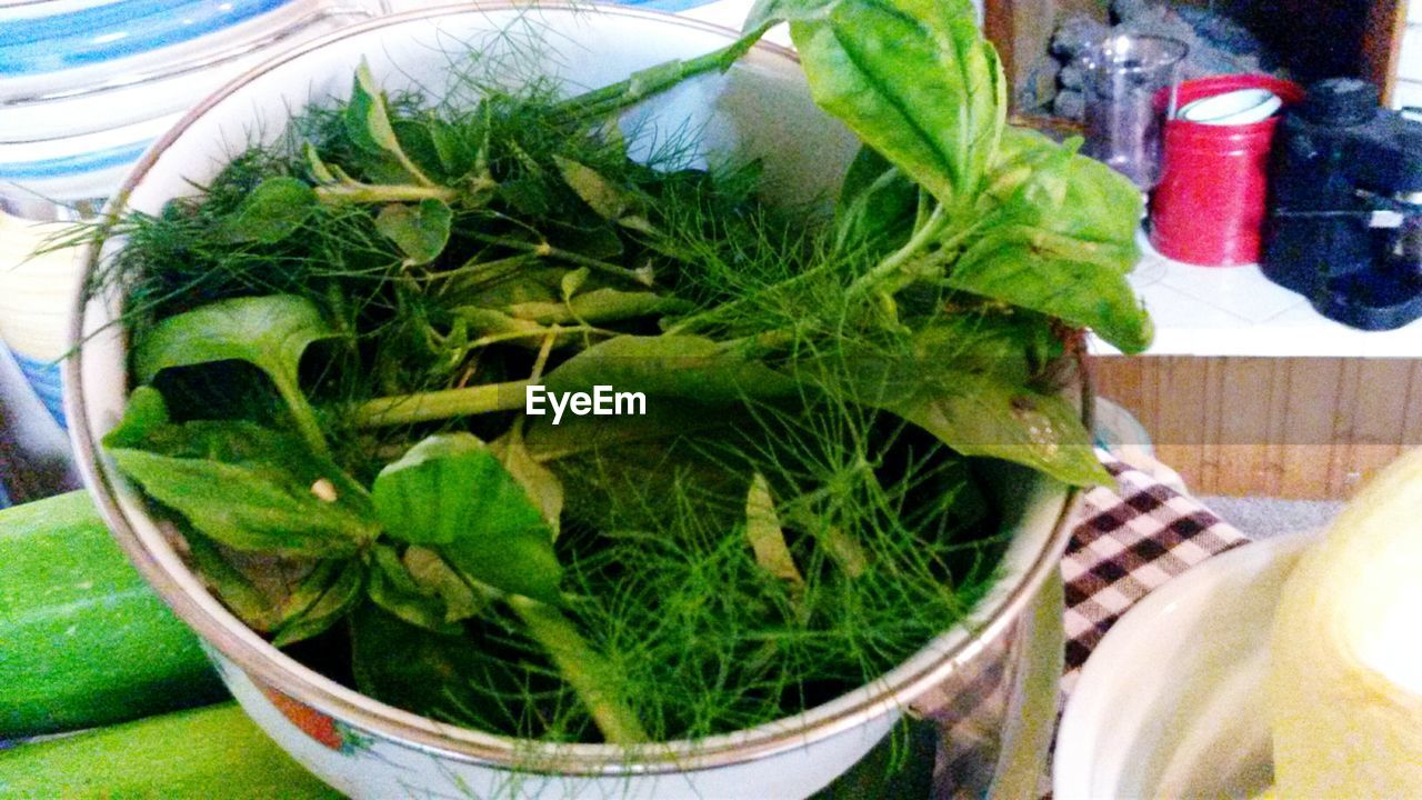 Close-up of leaf vegetables in bowl