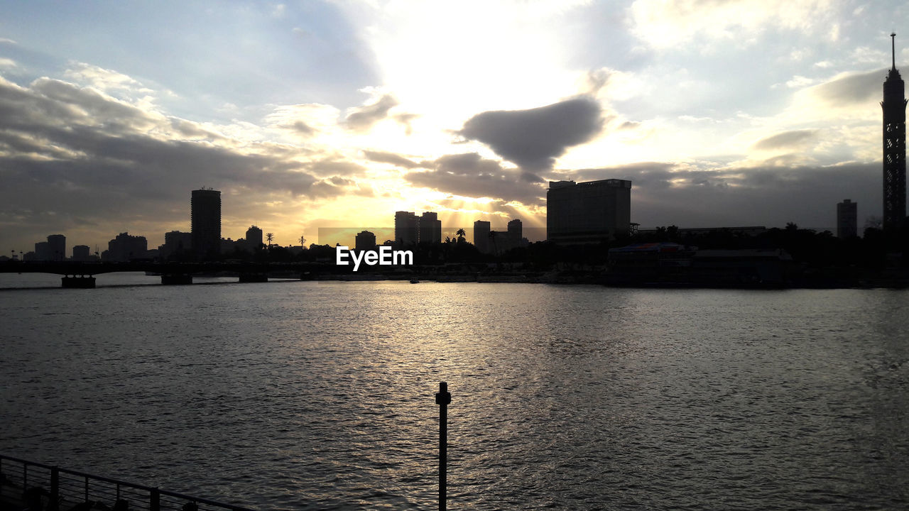 Panoramic view of city against sky during sunset