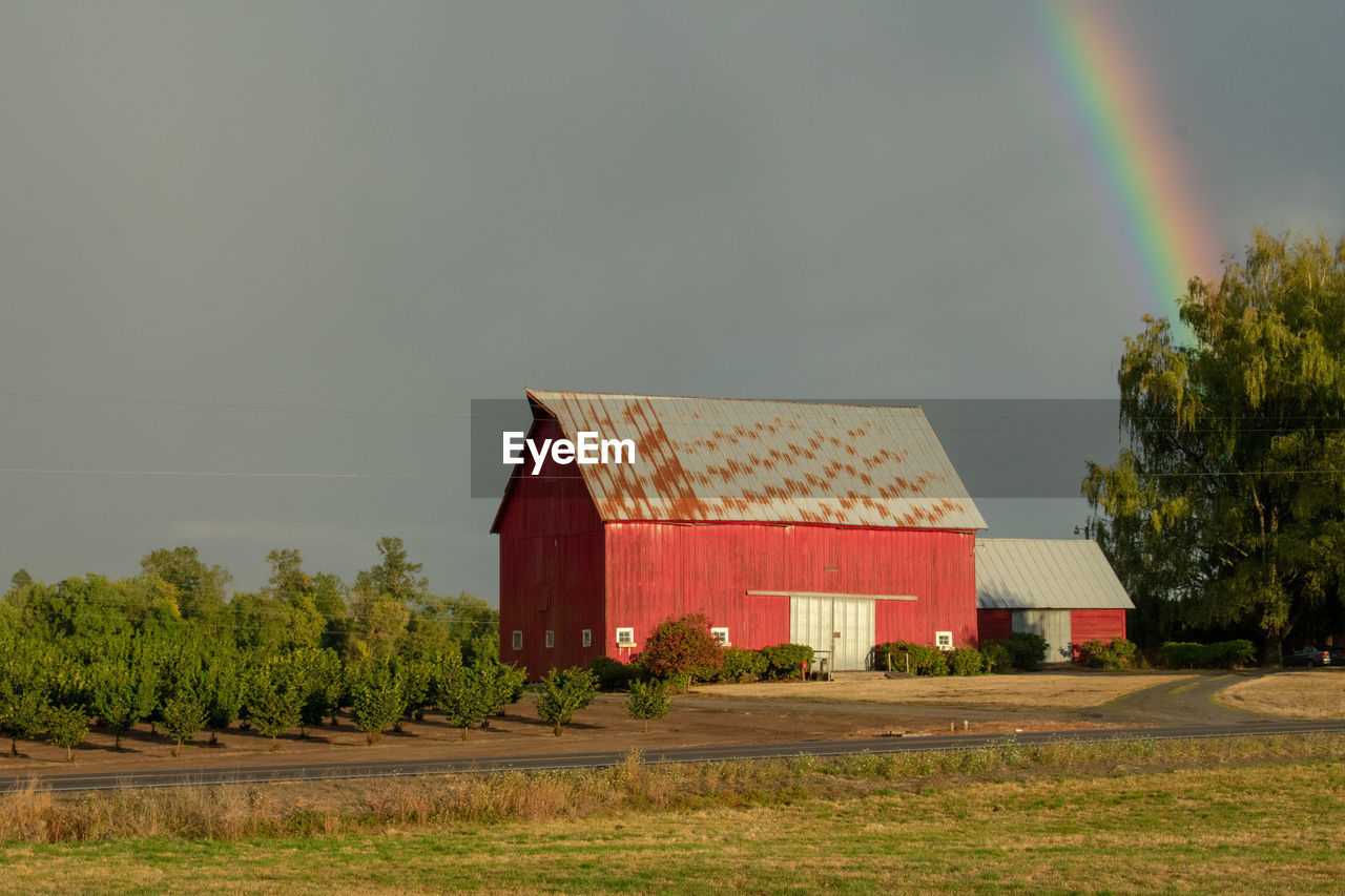 HOUSE AND TREES ON FIELD AGAINST RAINBOW