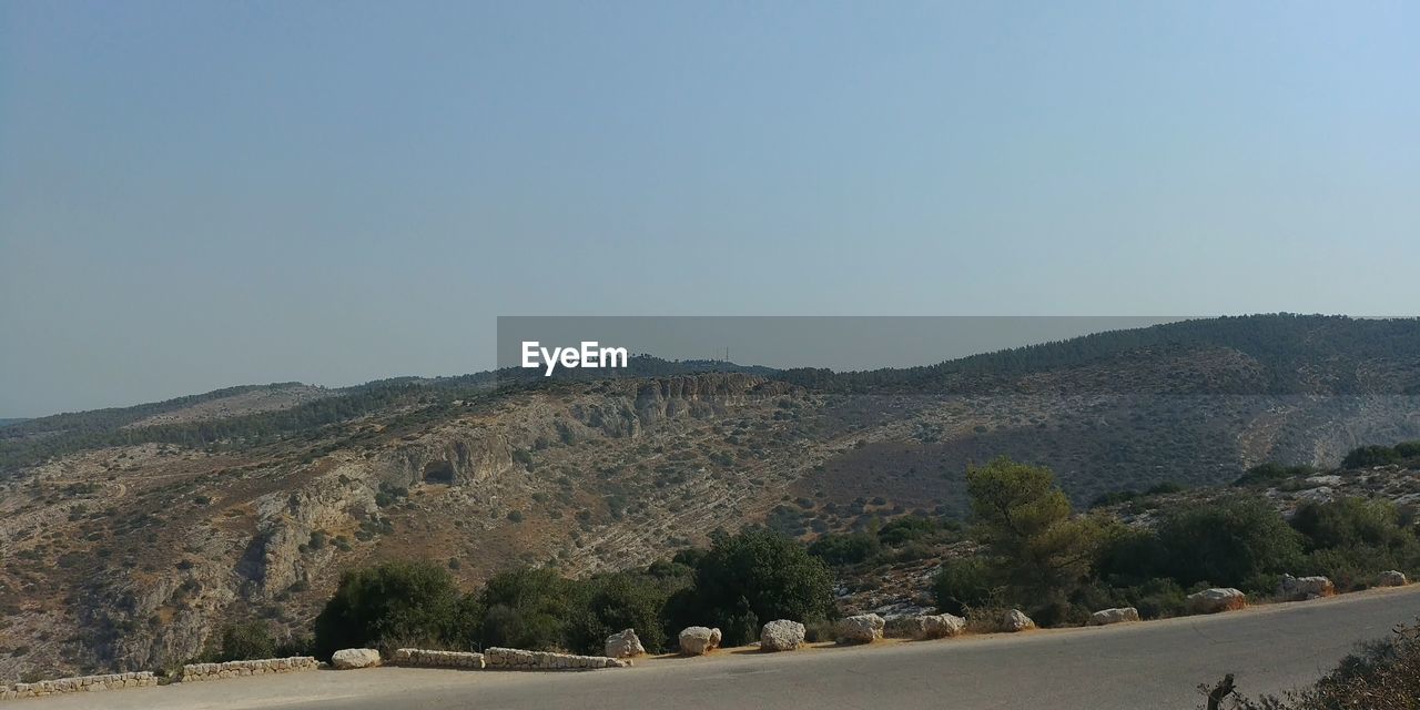 SCENIC VIEW OF TREE MOUNTAINS AGAINST CLEAR SKY