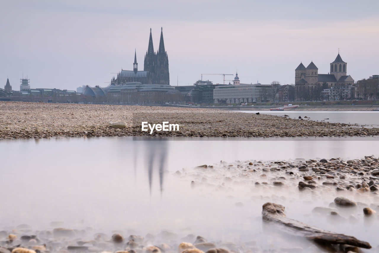 Low water of the rhine river in cologne, drought in germany