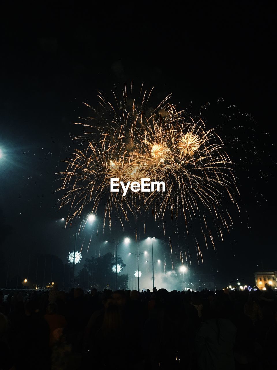 Low angle view of firework display at night