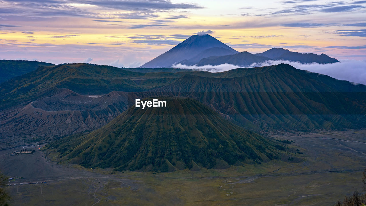 View of landscape against cloudy sky at bromo tengger semeru national park, east java, indonesia