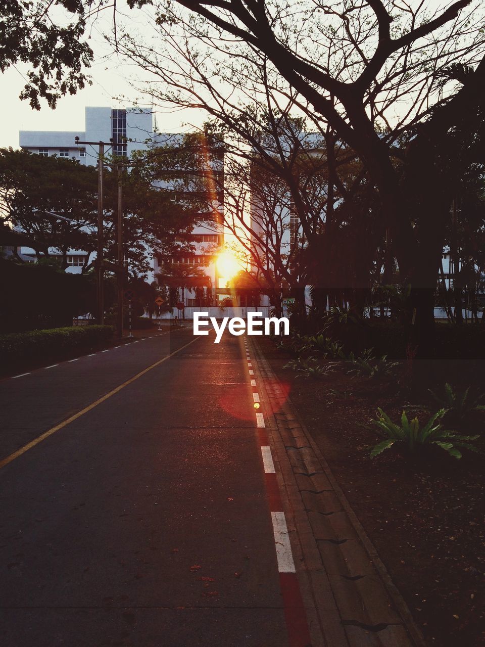 Road leading towards buildings against bright sun at sunset