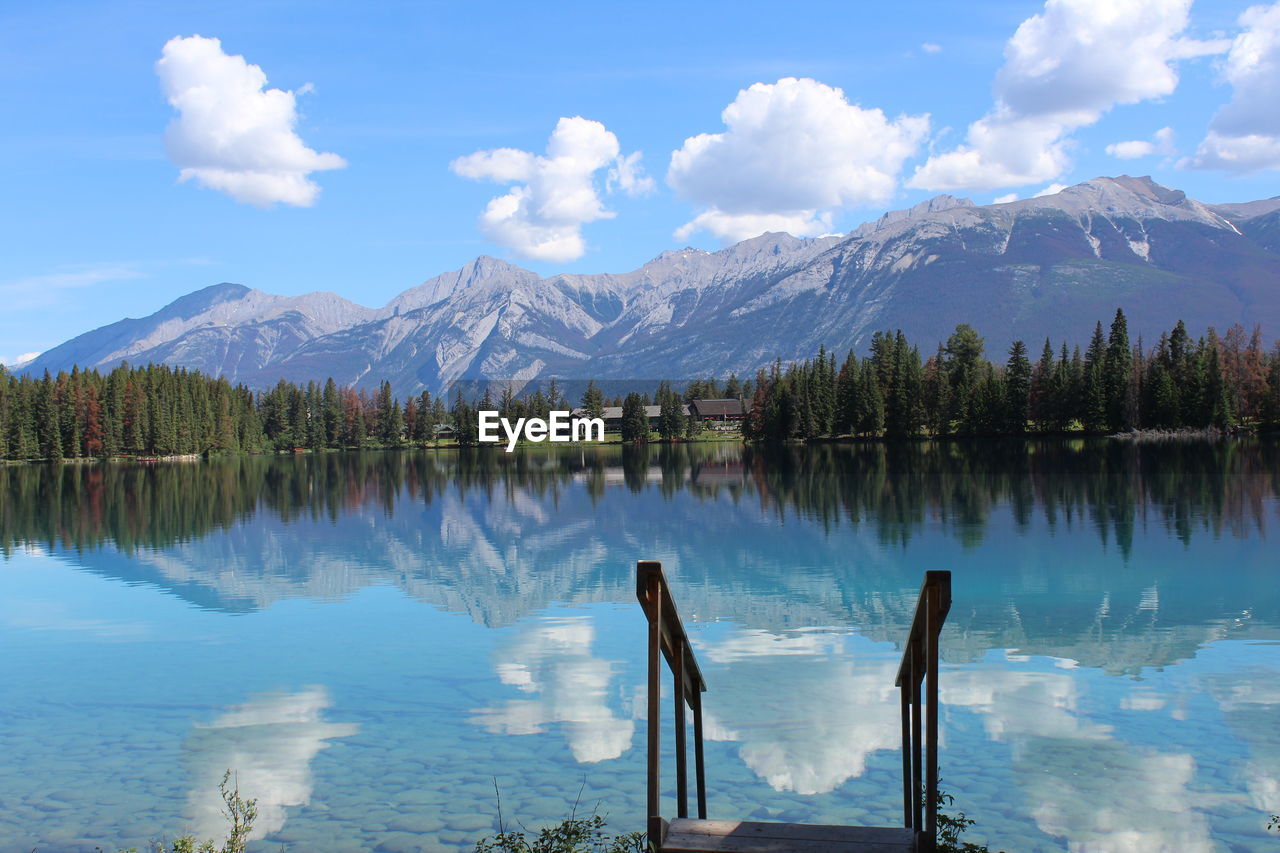 Scenic view of lake and mountains against sky