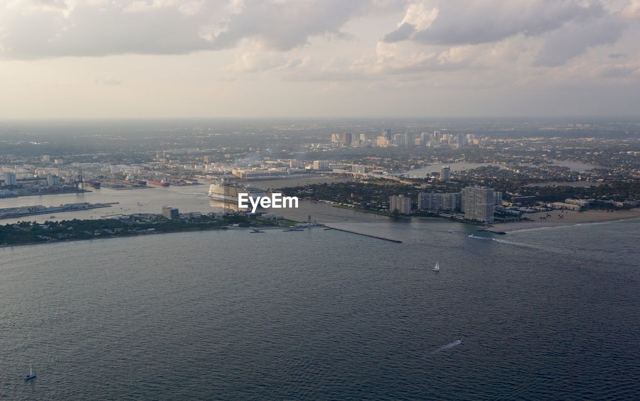 Aerial view of cruise ship at port everglades against sky