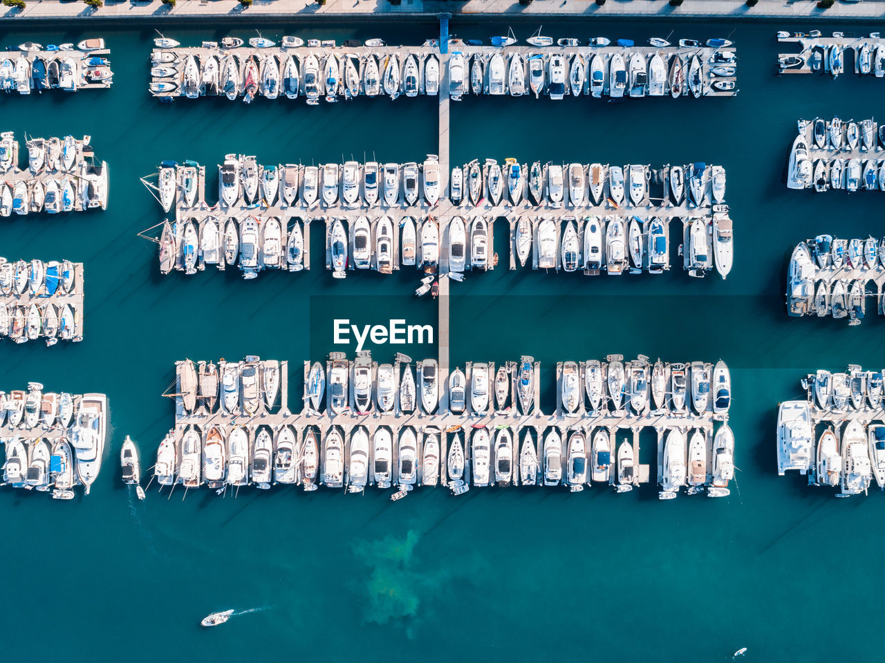 Aerial view of boats moored at harbor