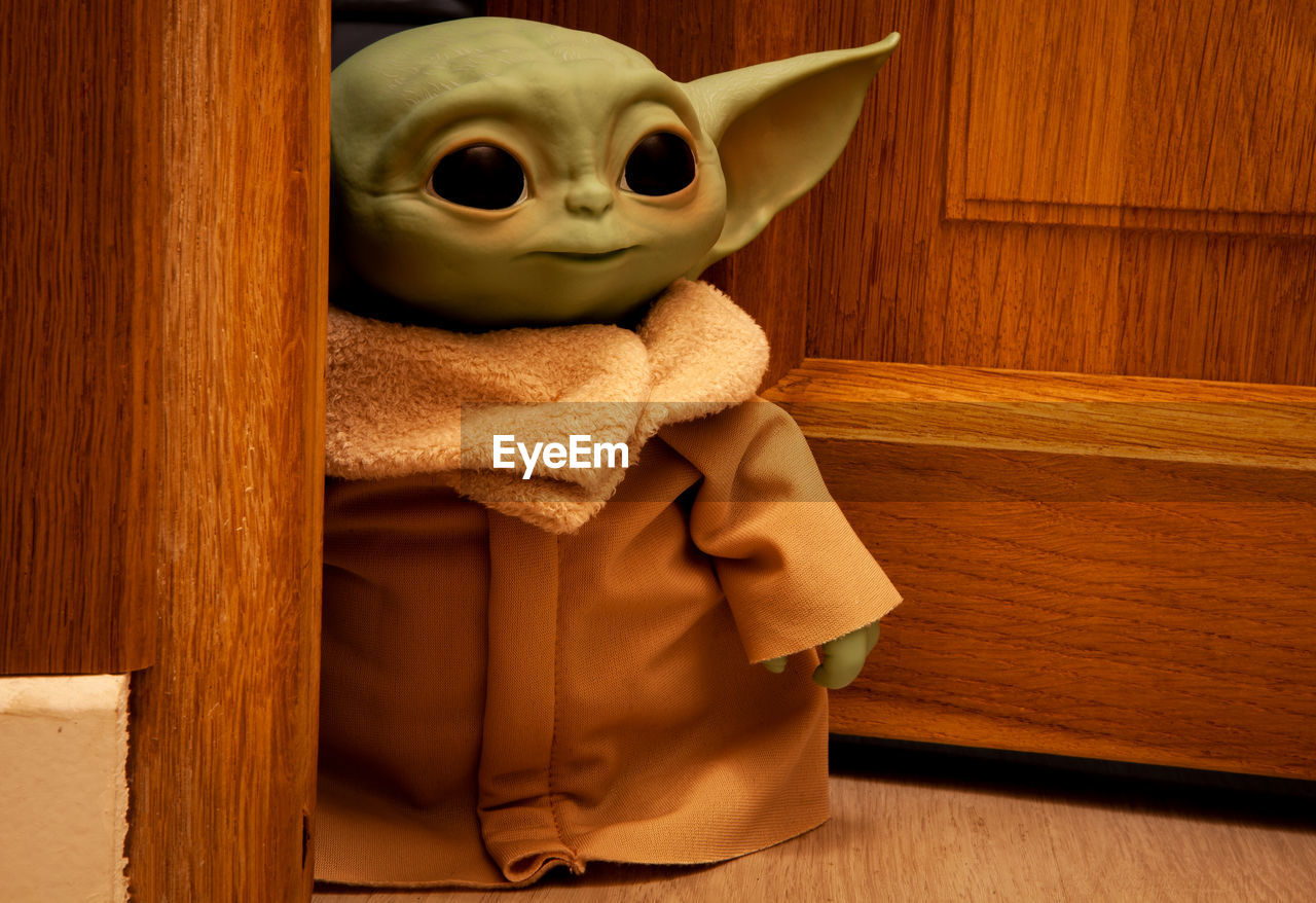 CLOSE-UP OF STUFFED TOY ON HARDWOOD FLOOR AT HOME