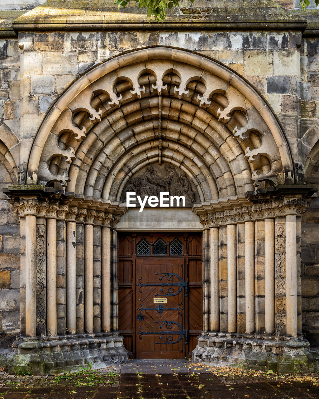 Entrance portico to old church in hamelin, lower saxony, germany