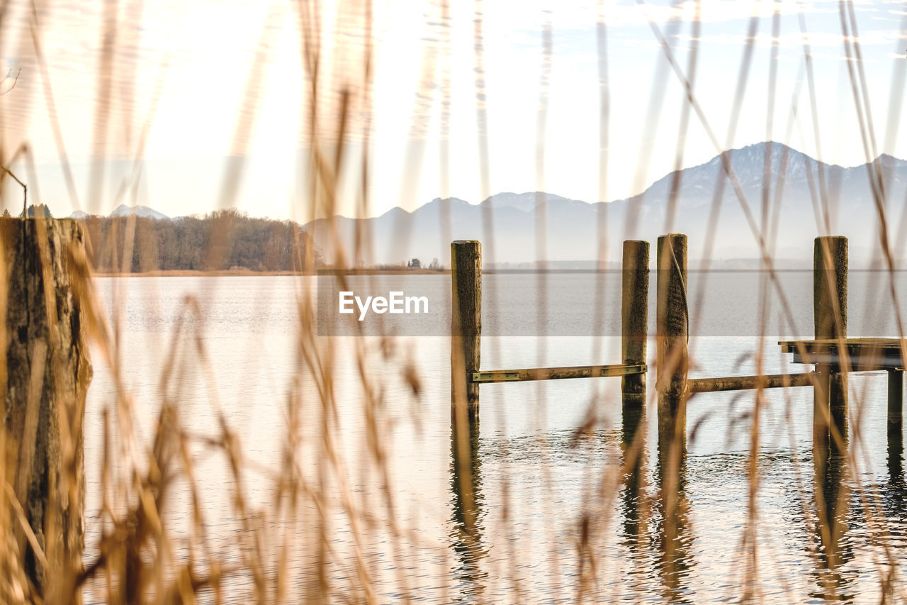 Wooden posts in lake against sky