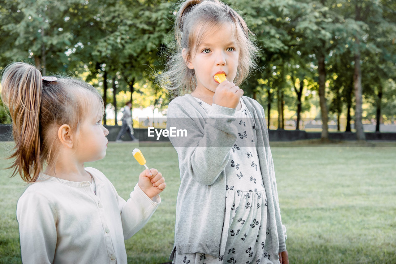 Sisters eating sweet food while standing on land in park