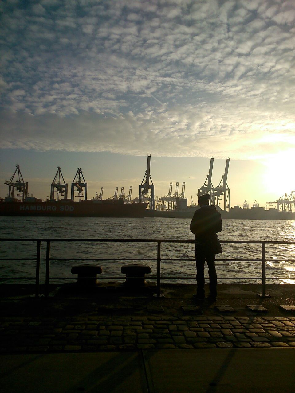 Full length rear view of woman viewing harbor cranes