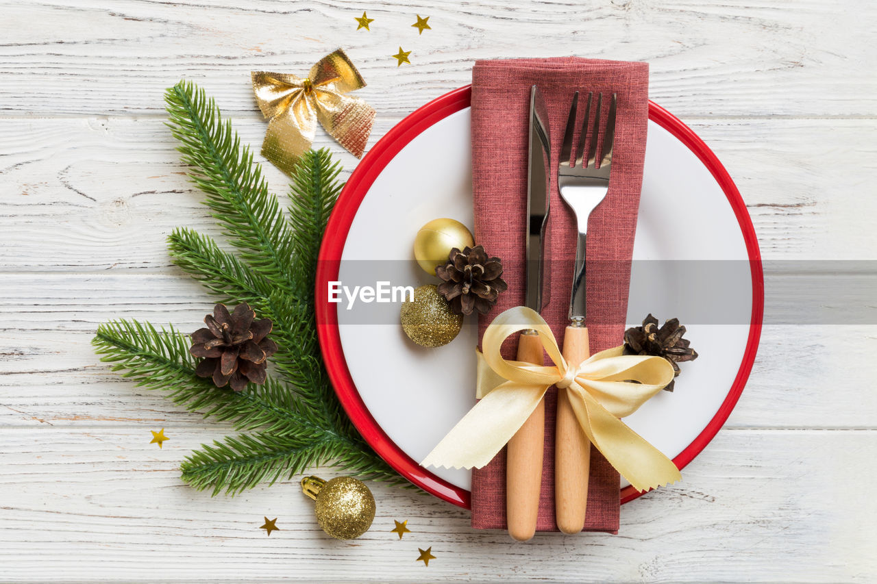 directly above shot of christmas decorations on table