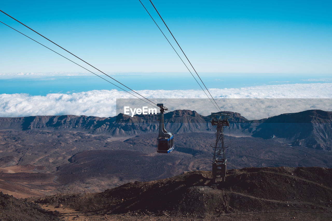 OVERHEAD CABLE CAR AGAINST MOUNTAINS