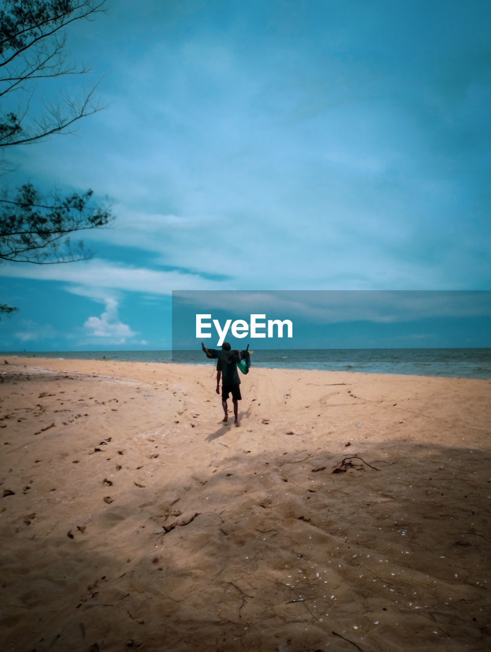 rear view of man walking on beach against sky