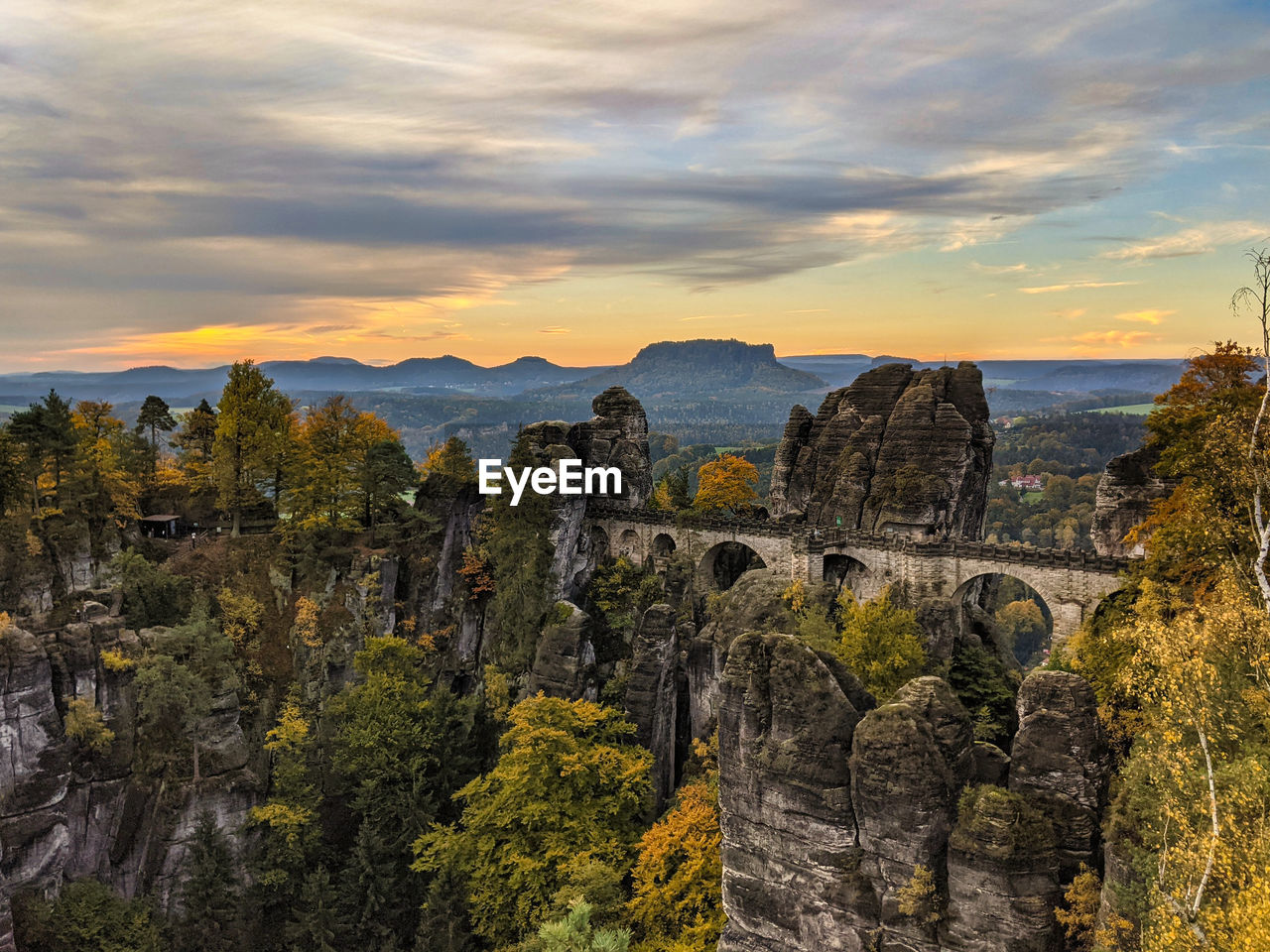 Bastei bridge in saxon switzerland during sunrise, germany