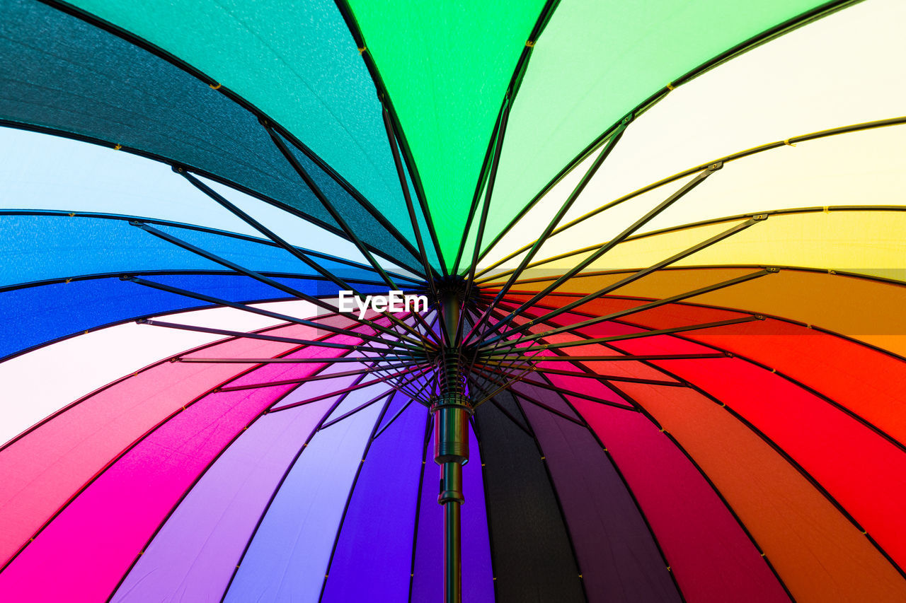 LOW ANGLE VIEW OF MULTI COLORED UMBRELLAS ON CEILING