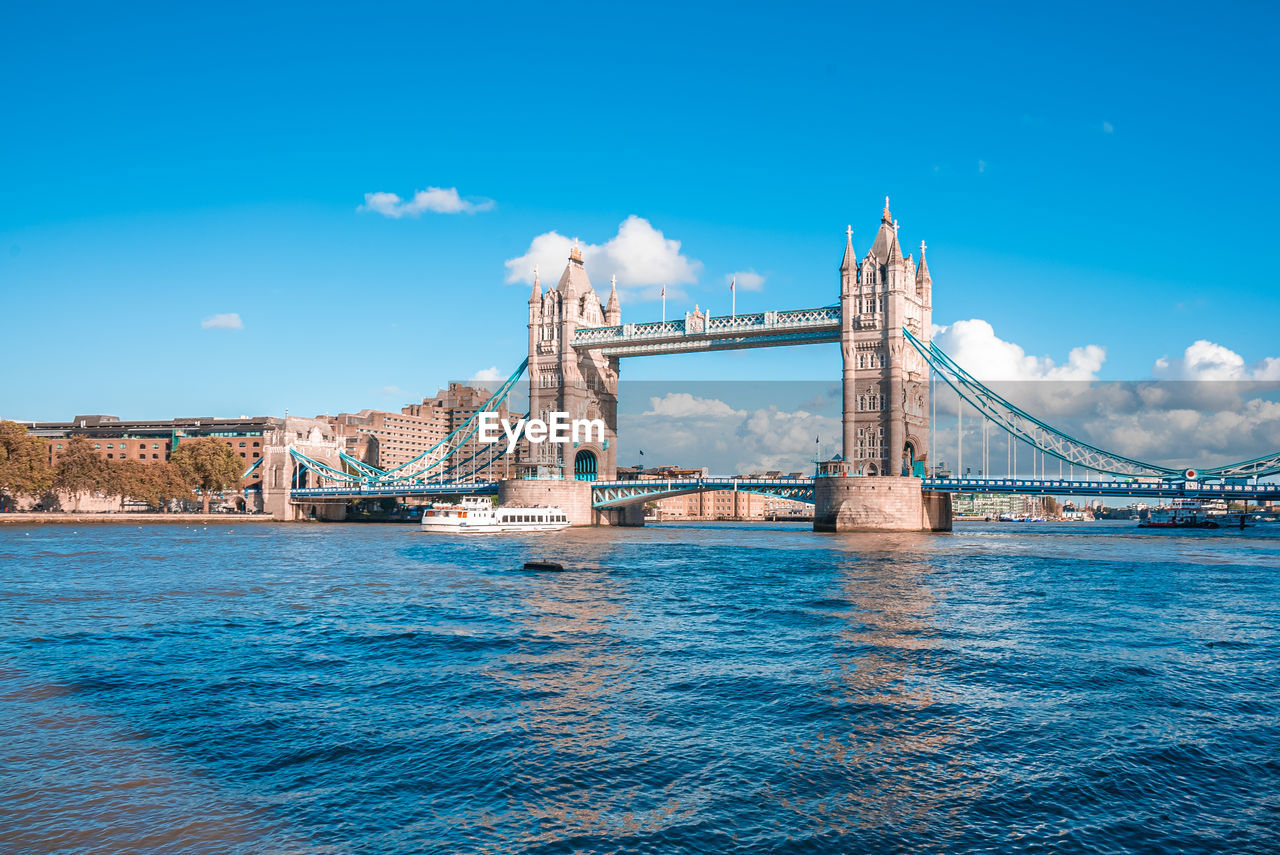 Iconic tower bridge view connecting london with southwark over thames river, uk.