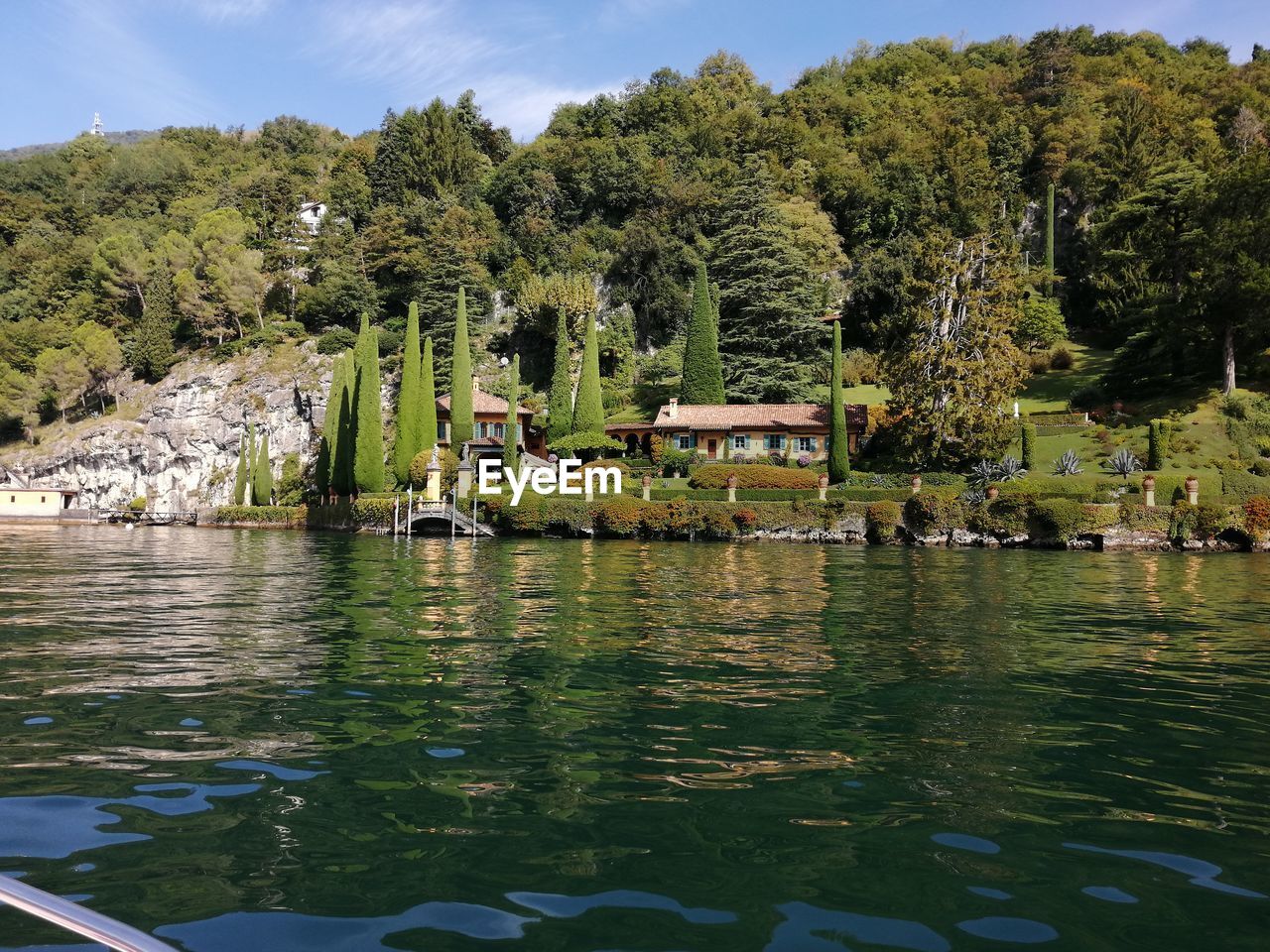 TREES BY LAKE AGAINST BUILDING