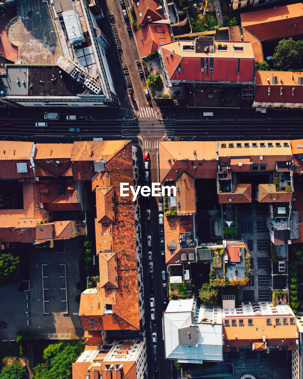 High angle view of buildings in city