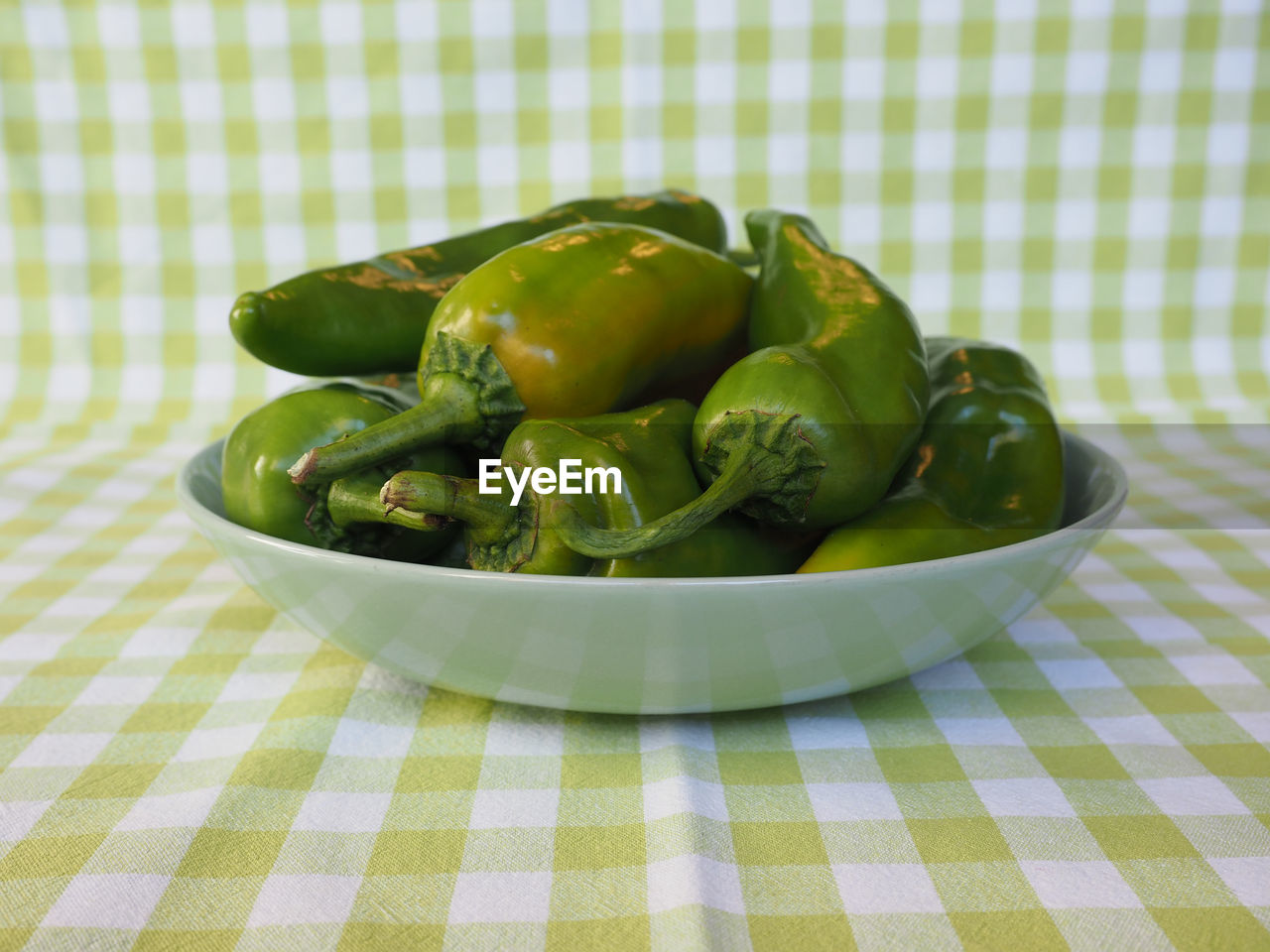 high angle view of bell peppers in bowl on table
