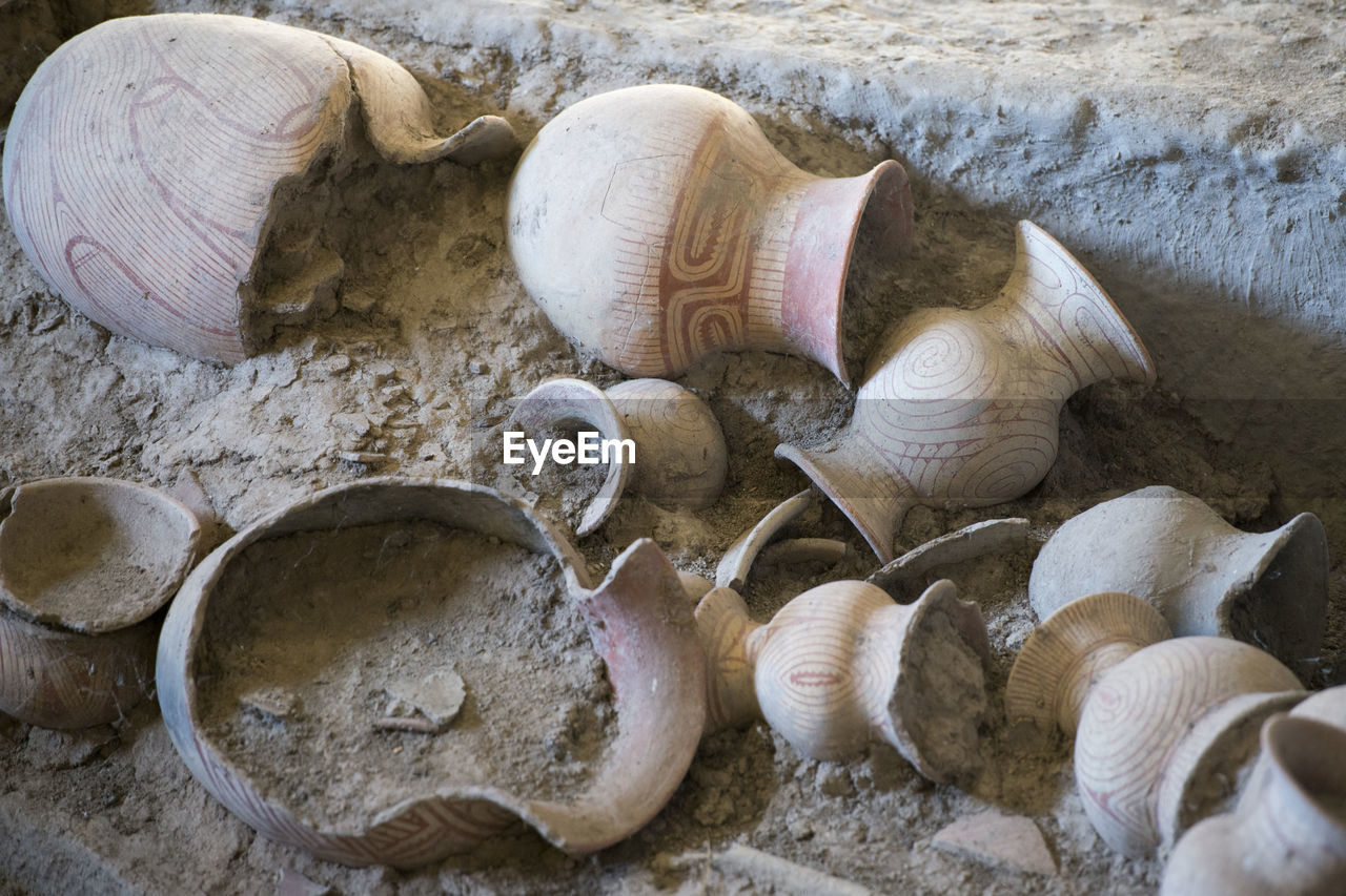 Broken clay pots on ground