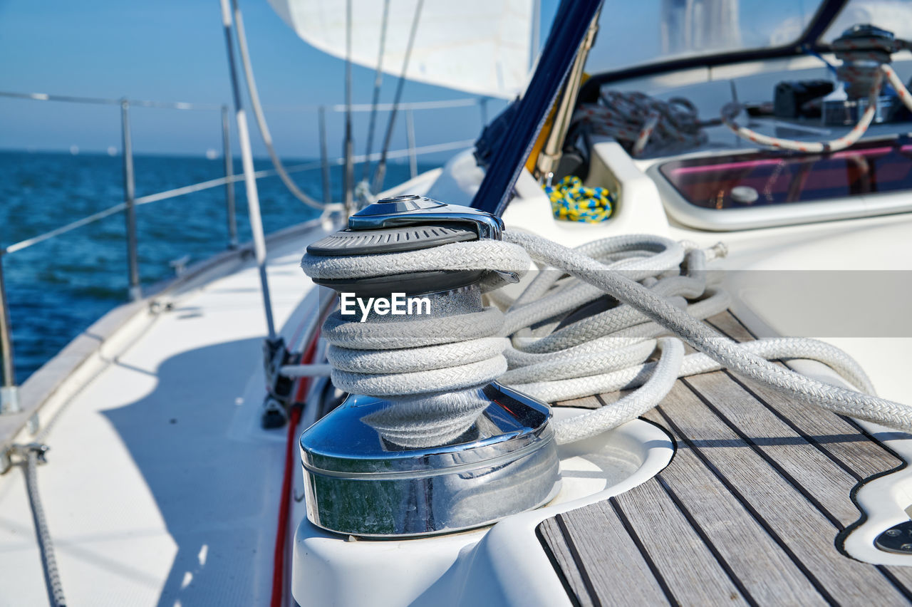 Lined winch on a sailing yacht at sea