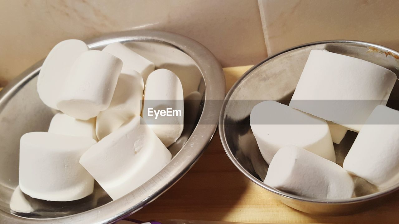 High angle view of marshmallows in bowl