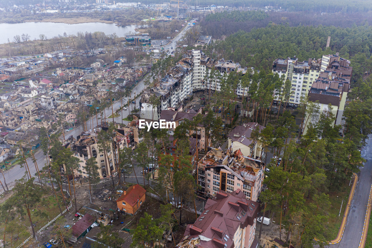 The aerial view of the destroyed and burnt buildings.