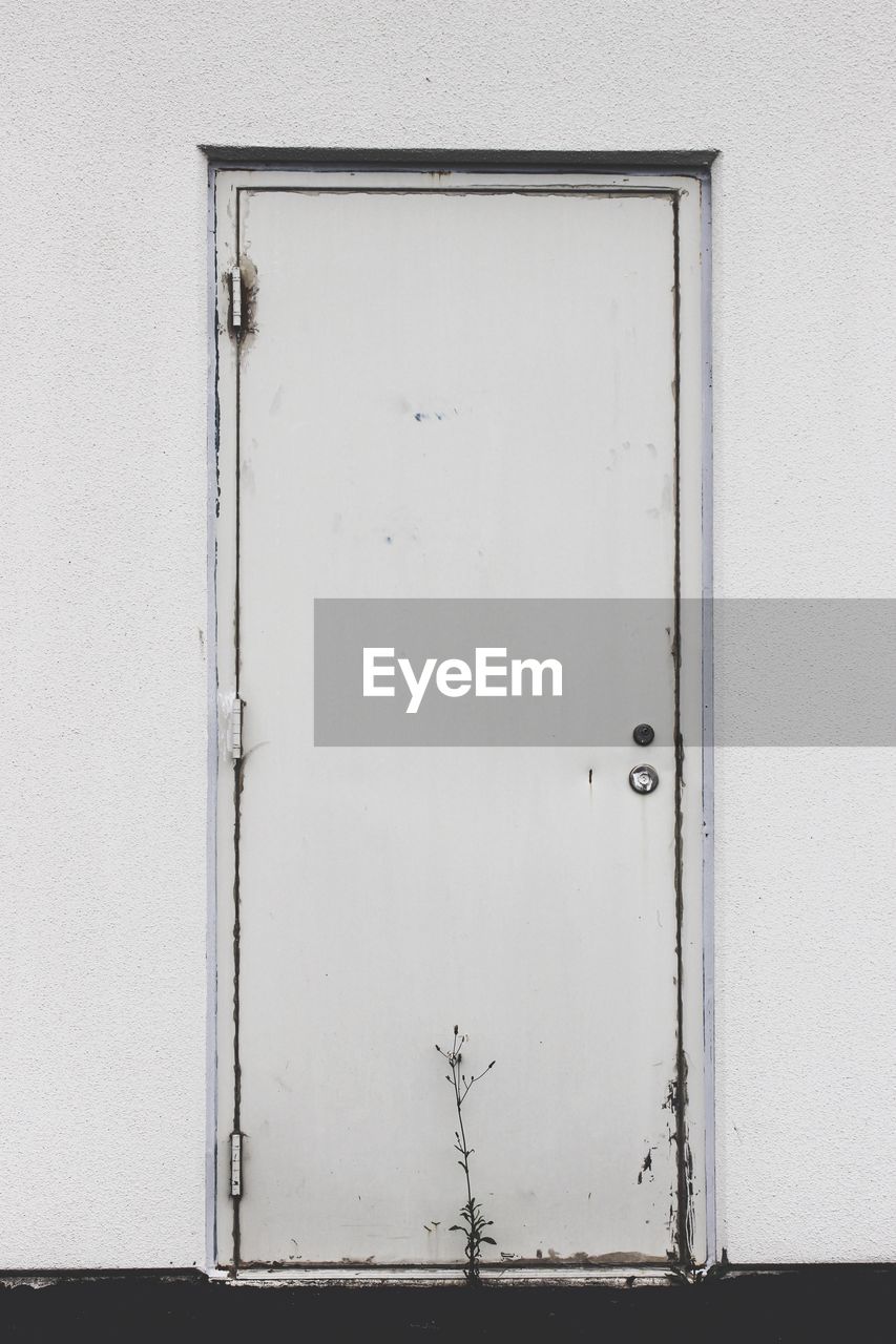 Closed white door of building