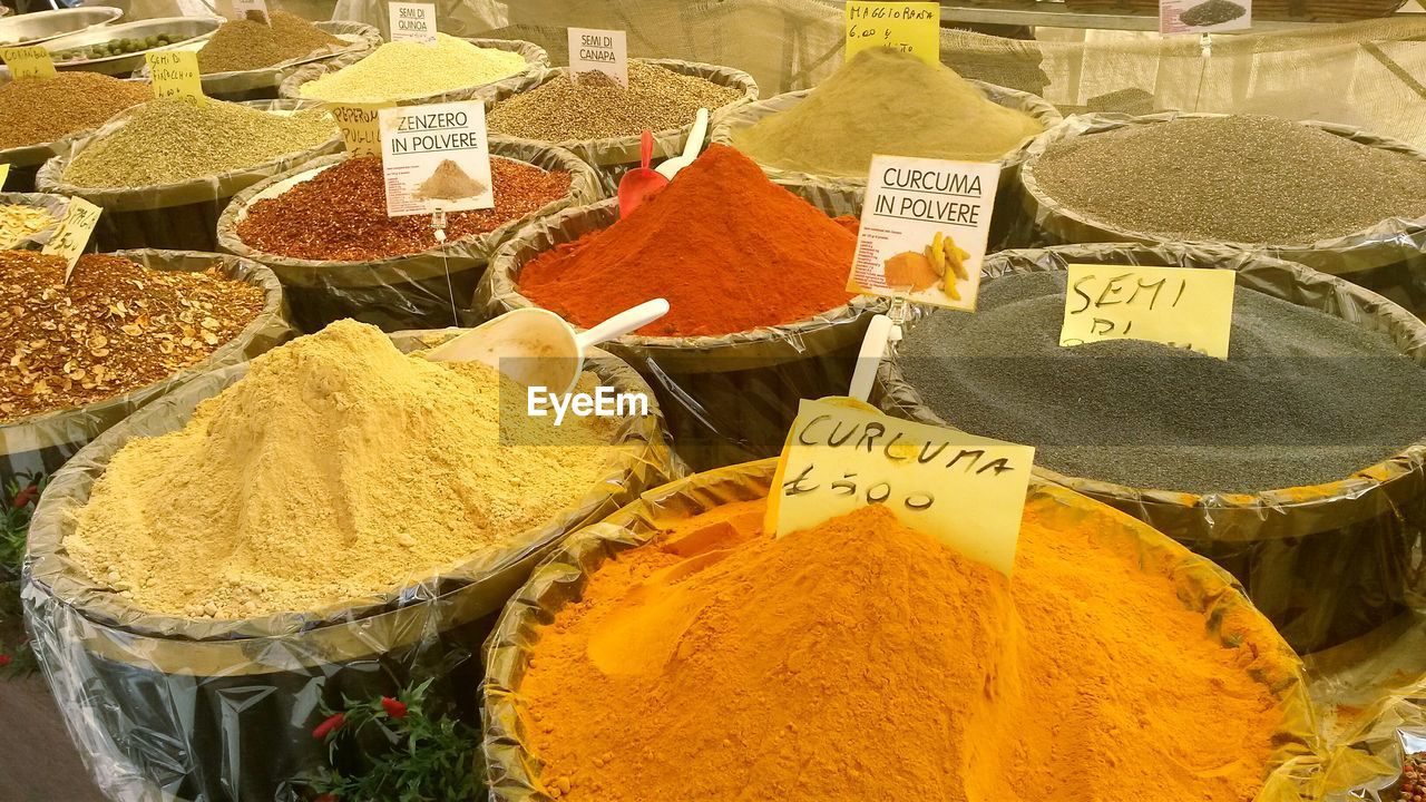 CLOSE-UP OF SPICES FOR SALE IN MARKET