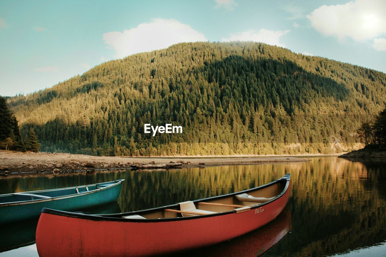 Kayaks moored in lake against tree mountain