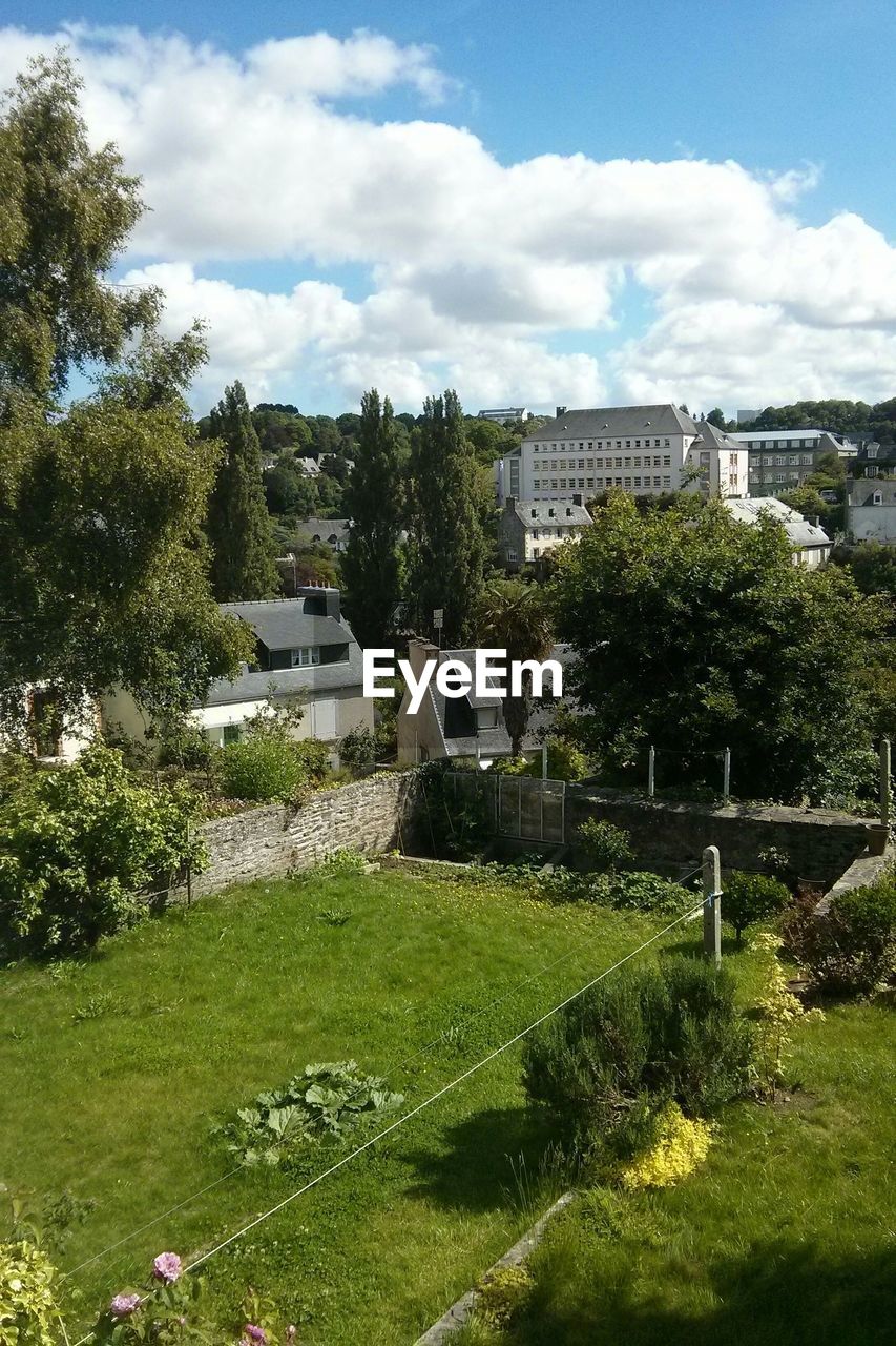 High angle view of back yard in city