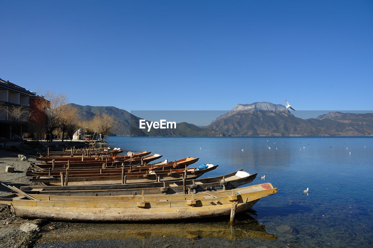 BOAT MOORED ON LAKE AGAINST CLEAR BLUE SKY