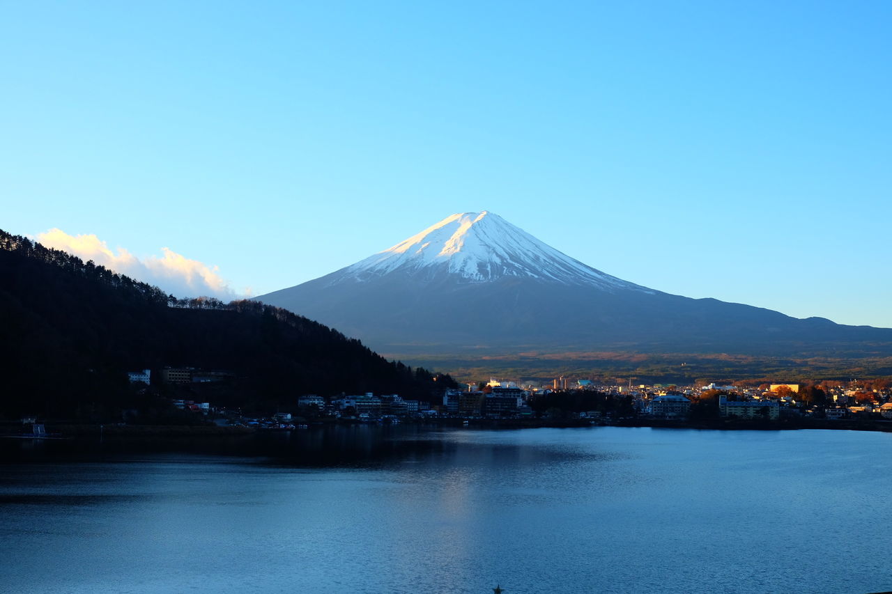 Scenic view of lake with mountain range in background