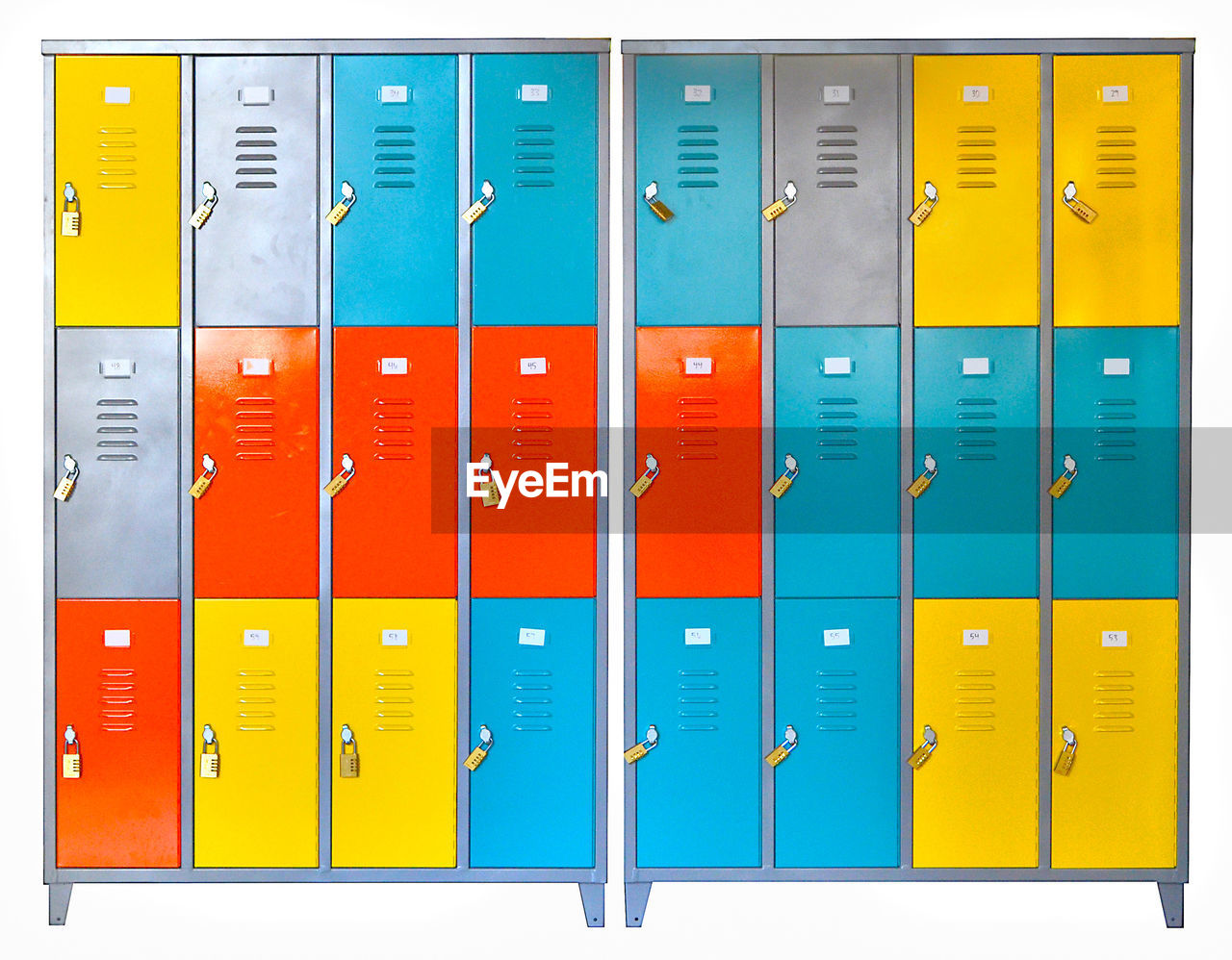 Close-up of multi colored lockers against white background